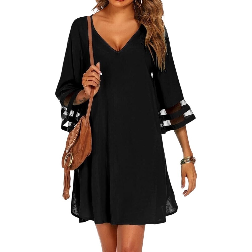 Ekouaer Beach Coverup 3/4 Mesh Sleeve Bathing Suit Cover Up Black Sz. S NWT